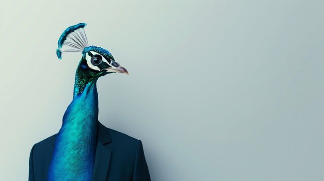 a peacock wearing a suit with a tie on a plain white background on the left side of the image and the right side blank for text,