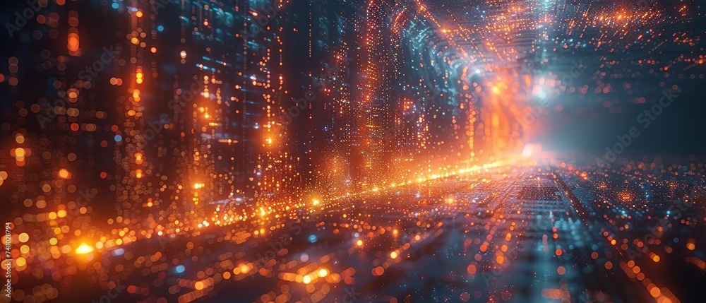 Poster Data science and big data technology. Data scientists query, analyze, and visualize complex sets using virtual screens. Data flow concept. Artificial intelligence, machine learning, analytics.