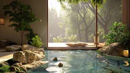 A serene spa room designed with a natural indoor pool, surrounded by rocks and lush plant life, with a view of a tranquil forest.