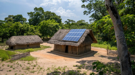 A small hut in a rural area with a solar panel installed on its roof, harnessing sunlight for energy