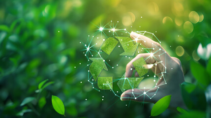 Green or sustainability related digital icon, in the style of innovating techniques, recycling logo or icon, white lines and dots, plastic solution, green technology and environmental change concept.