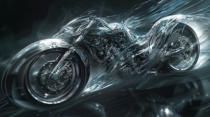 Motorbike, cyberpunk, intricate details, shiny metal, sweeping curves, and a gloomy wind