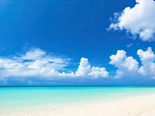Fototapeta na wymiar Beautiful tropical beach with blue sky, white clouds, and space. Free photo