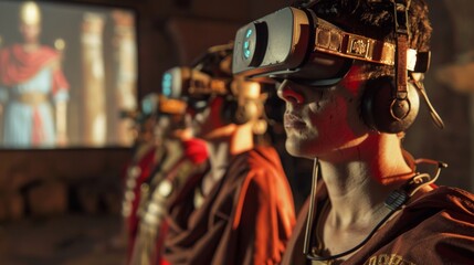 A row of individuals dressed as Roman soldiers are deeply engaged in a virtual reality simulation, blending ancient attire with modern technology.