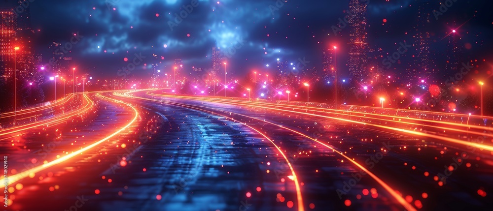 Poster Conceptual design of a smart city and abstract polygon pattern connected to speed line lights, big data connectivity technology.