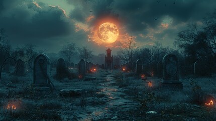An illustration of a graveyard at night, complete with a moon in a cloudy sky, and bats.