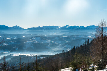 Krivanska Mala Fatra mountains from Bryzgalky hamlet in winter Kysucke Beskydy mountains in Slovakia