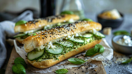Unsweetened roll with pesto curd cheese - obrazy, fototapety, plakaty