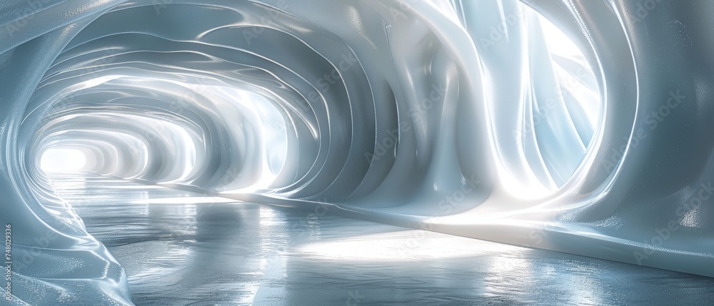 Poster The background is a white futuristic tunnel leading to light from a wide angle. The art style is abstract 3D rendered.