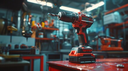 New cordless drill. The power tool is on a red industrial metal base. - obrazy, fototapety, plakaty