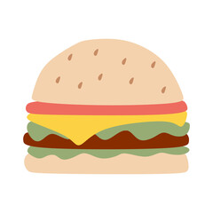 Hamburger Flat icon on White background. Burger with Salad, Tomatoes, Cheese and Cutlet. Fast food. Vector Cartoon illustration. Meal for Picnic, BBQ. Eating Concept. Design art, Graphic object.