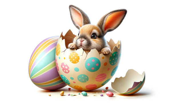 Easter holidays surprise. Cute bunny peeking out / hatching of brightly colored, cracked Easter egg adorned with flowers and dots isolated on white background. Ideal for Easter and spring themes.
