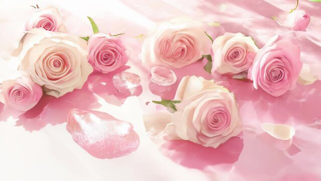 A bouquet of pink roses is beautifully arranged in a room bathed in soft light. The transparent texture of the light reflects off the petals, creating a romantic atmosphere.
