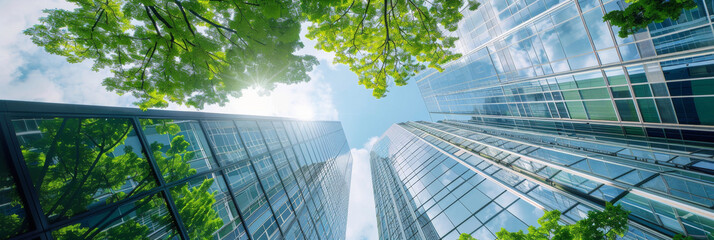 Upward view of skyscrapers with sunlight - Looking up at towering skyscrapers surrounded by green foliage basking in sunlight