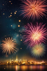 Fototapeta na wymiar Urban Skyline with Dazzling Fireworks Display