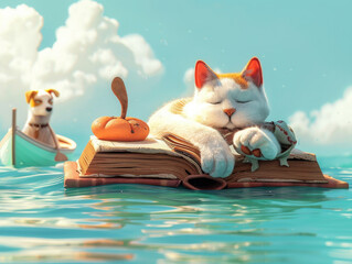 Animated cat dreaming of gourmet food, floating on a book-shaped raft in the sea, dog paddling nearby - obrazy, fototapety, plakaty