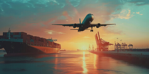 an air plane in front of a large container ship at sunset, - obrazy, fototapety, plakaty