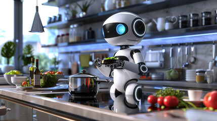 Animated humanoid robot cooking in a futuristic kitchen, 3D cartoon, tech gadgets