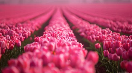 Poster Vast pink tulip field in spring © Mishi