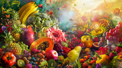 Obraz na płótnie Canvas Vibrant array of exotic fruits in a fantasy setting - A colorful explosion of exotic fruits and berries set in a magical, dreamlike landscape with mystical elements