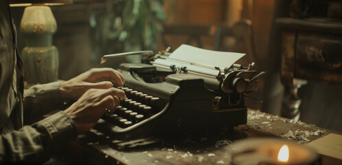 Vintage typewriter and person typing creatively - Atmospheric shot of a person creatively typing on a vintage typewriter, evoking nostalgia and storytelling - obrazy, fototapety, plakaty