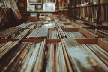 Vintage vinyl record store aisle view - An atmospheric shot inside a vintage record store with an array of vinyl albums - obrazy, fototapety, plakaty