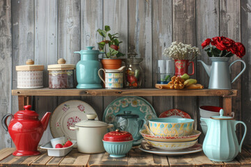 Vintage kitchenware on wooden shelves - A collection of retro kitchen items neatly displayed against a rustic wooden backdrop, including pots, dishes, and utensils