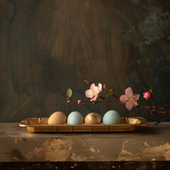 Natural dyed eggs in golden tray on wooden table and peach flowers. Minimalistic easter background.