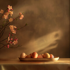 Natural dyed eggs in simple tray on golden surface and peach flowers. Minimalistic easter background.