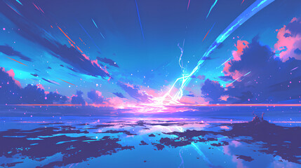 amazing lightning strike, anime background - obrazy, fototapety, plakaty