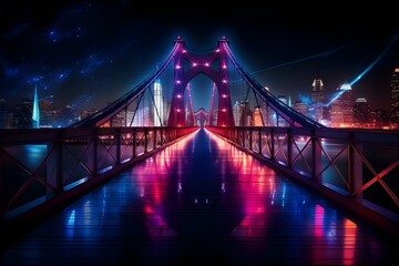Suspended Bridge at Night: A dramatic night shot of a suspended bridge illuminated by vibrant lights, creating a stunning visual effect.


