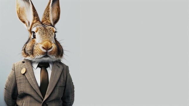 a rabit wearing a suit with a tie on a plain white background on the left side of the image and the right side blank for text