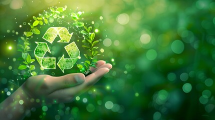 Image with a person holding a recycling logo, eco friendly icon, in the style of technological marvels, green technology and environmental change concept, bokeh defocused backdrop.