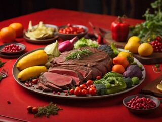 Vibrant colors of fresh produce alongside the beef slices on the red table