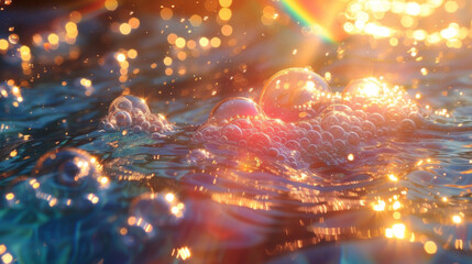 Texture of iridescent bubbles dancing along the surface of a sunraykissed pond.