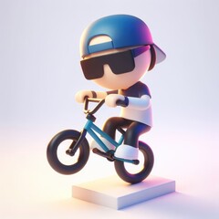 BMX rider on a bike in black glasses. Colorful Cartoon Cute 3D character.