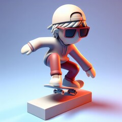 Skateboarder in a dynamic pose and glasses. Colorful Cartoon Cute 3D character.