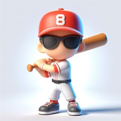 Baseball player in a dynamic pose and glasses. Colorful Cartoon Cute 3D character.
