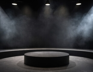 A Stone Podium black dark smoke dust Background product platform Generative AI