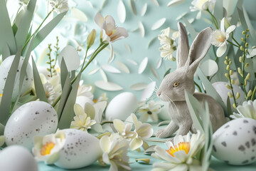 easter background with colorful eggs,rabbit, and flowers on white background.happy Easter, spring, farm, holiday,festive scene , greeting cards, posters, .Easter holiday card concept.copy space	
