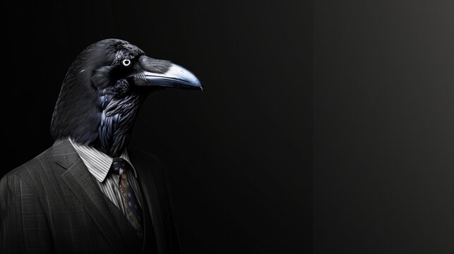 a raven wearing a suit with a tie on a plain black background on the left side of the image and the right side blank for text,