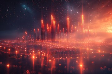 a 3d city viewed from space, in the style of neon grids, light sky-blue and dark red, ethereal lighting. Generative AI
