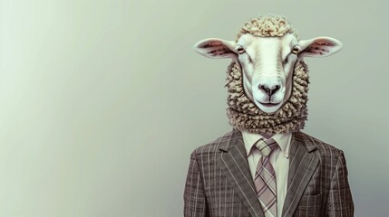 a sheep wearing a suit with a tie on a plain white background on the left side of the image and the right side blank for text