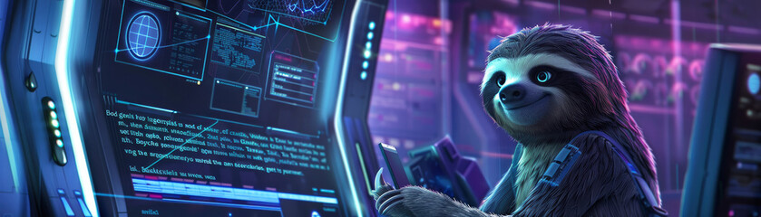 Animated sloth in a cyber security hub, ensuring blockchain bank integrity, futuristic tech gear