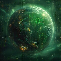 Obraz premium a background with a planet and green background 3d furnished photo, in the style of cyberpunk imagery, scientific diagrams, dark cyan and black, assemblage of maps. Generative AI