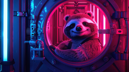 Animated sloth as a blockchain expert, securing a digital bank vault, neon cyber security lines