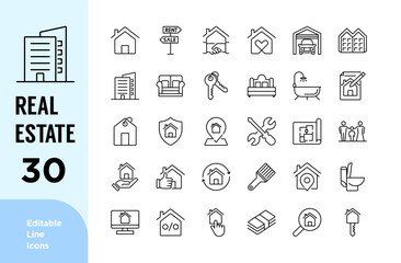 Real Estate line icons set. property, mortgage, home loan, rent, sale, apartment. editable stroke icon. vector illustration. - obrazy, fototapety, plakaty