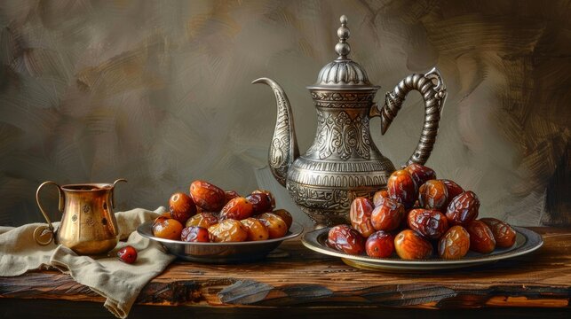 Dates fruits accompanied by an Arabic coffee pot