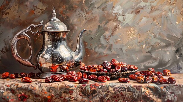 Dates fruits accompanied by an Arabic coffee pot