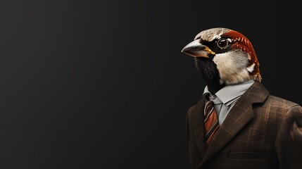 a sparrow wearing a suit with a tie on a plain black background on the left side of the image and...